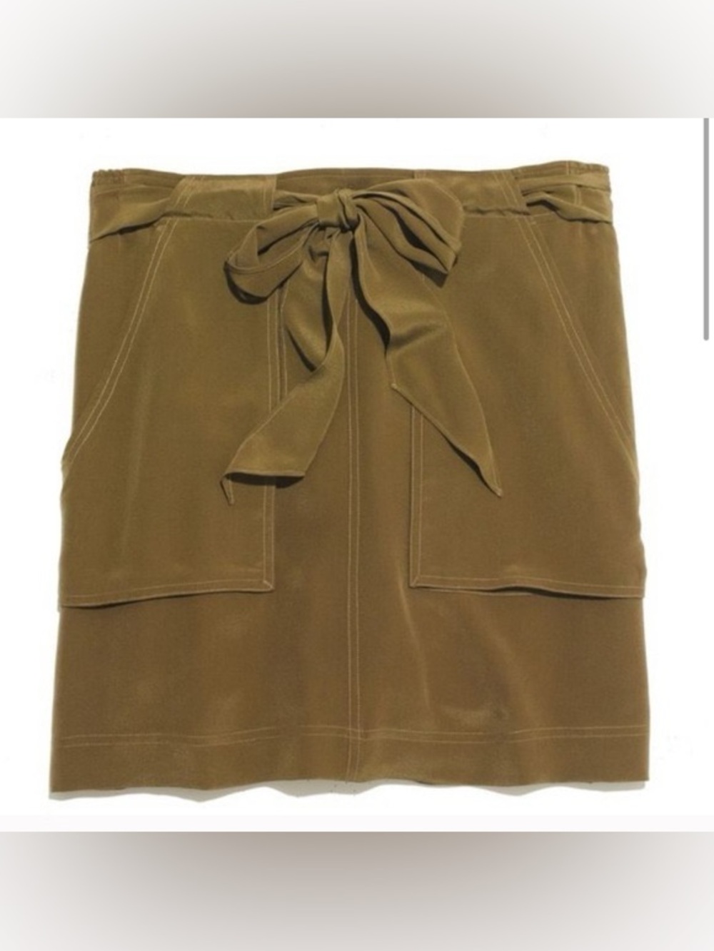 Madewell Tie-Waist Mini Skirt in Olive with Front Pockets 100% Silk